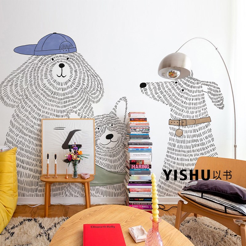 现代柯基狗狗艺术壁纸壁布客厅卧室背景墙纸墙布宠物室定制壁画