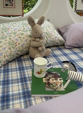 ins田园风紫色混搭色织水洗棉四件套1.5m1.8公寓全棉纯棉床单被套