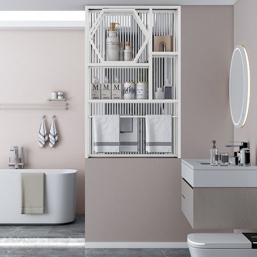 卫生间半墙屏风隔断柜置物架客厅入户玄关艺术画玻璃洗手台奶油风