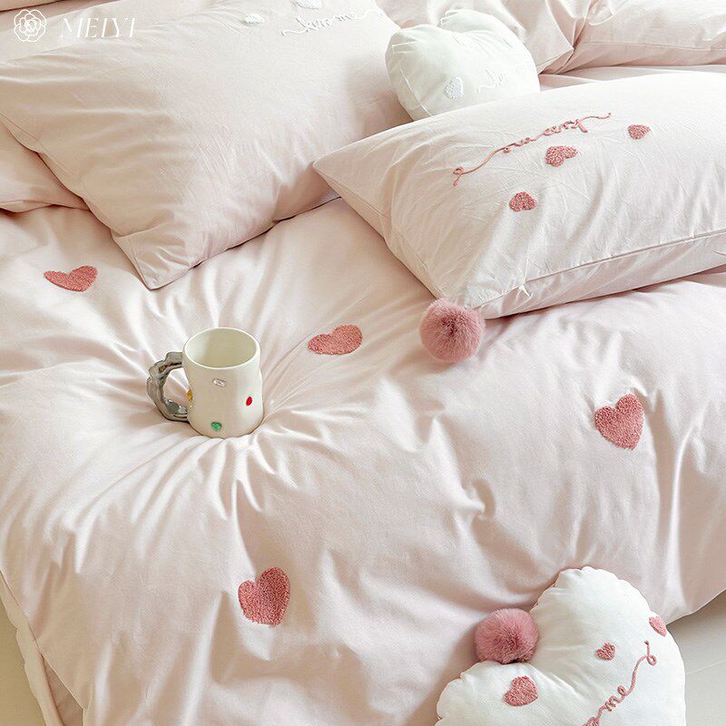 少女风爱心裸睡被套床单四件套全棉可爱1.2m新款粉色床上用品