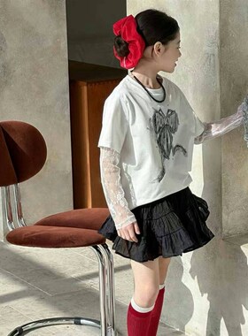 熙爱2025早春芭蕾风假两件拼接蕾丝烫钻印花长袖T恤25861