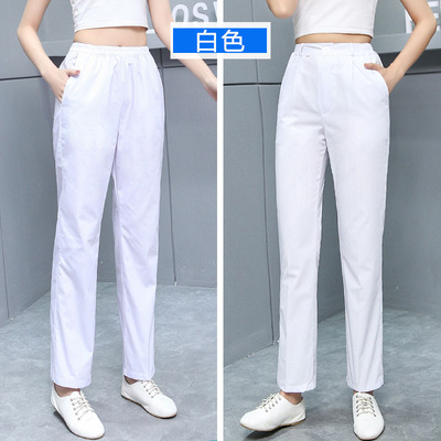 护士裤子白色女冬季加厚护士服大码男款薄款蓝色粉色松紧腰工作裤