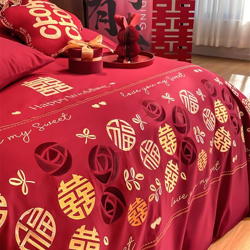 新婚高端结婚四件套100支全棉床上用品红色婚庆喜被陪嫁床单被套4
