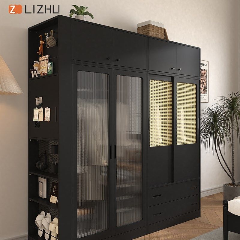 日式组合衣柜樱桃色推拉门藤编衣橱家用北欧卧室衣柜民宿黑色定制
