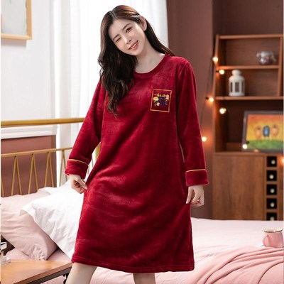 法兰绒睡裙女款秋冬季女士高级感加厚珊瑚绒冬天中长款睡衣家居服
