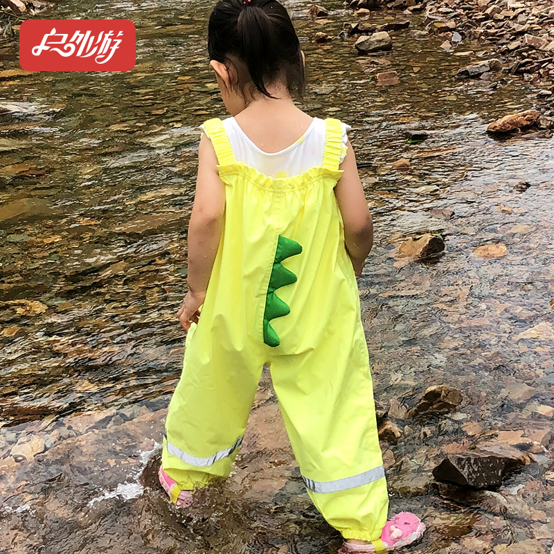 儿童背带雨裤卡通恐龙男童女童宝宝防风防水裤玩水滑雪夏季下水裤