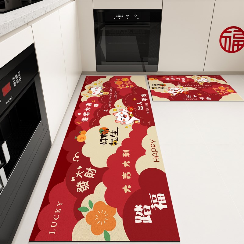 新年专用厨房地垫吸水防滑防油垫子耐脏2025新款喜庆长条红色脚垫
