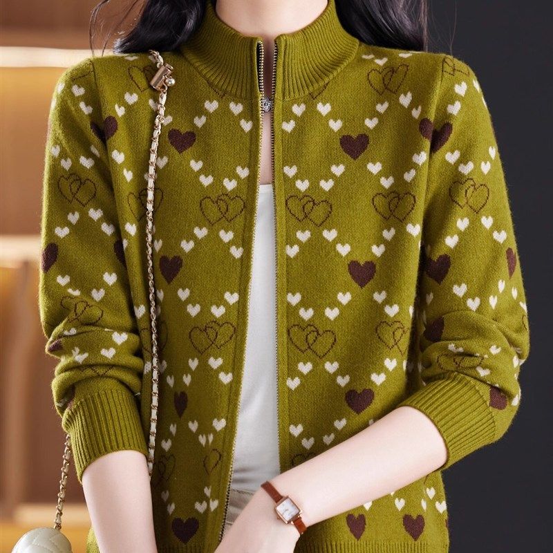 羊毛衫春秋新款外搭开衫女提花针织衫女士毛衣外套短款上拉链针织