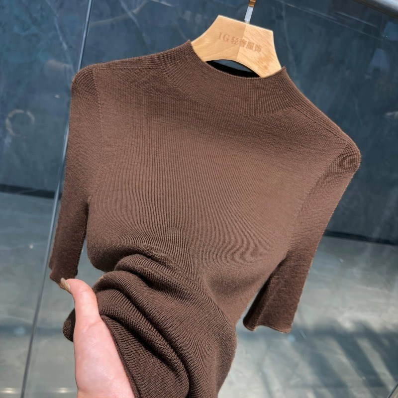 2024秋季五分袖修身红色羊毛毛衣内搭上衣半高领中袖针织打底衫女