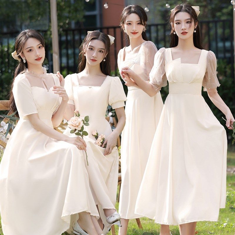 香槟色伴娘礼服2022新款缎面小个子仙气显瘦主持人姐妹团平时可穿