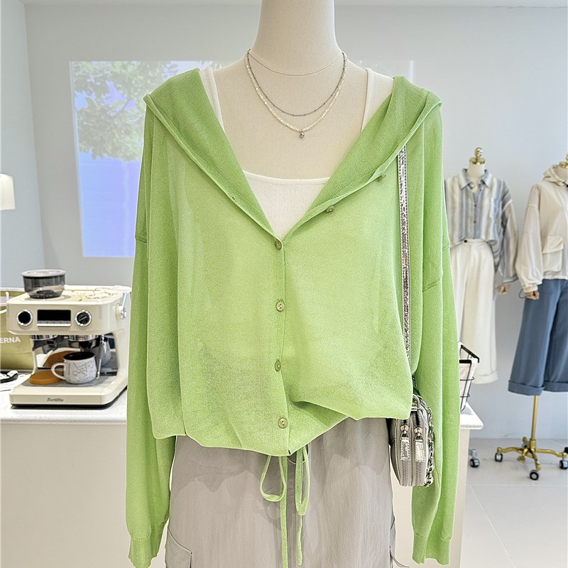 春夏简约薄款女宽松休闲系扣连帽开衫针织衫上衣长袖防晒衫外套