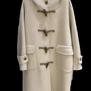 韩国2023年新款 宽松连帽呢子外套 长毛牛角扣双面羊毛大衣女中长款