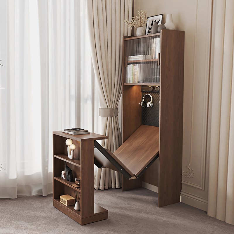 高端折叠书桌书柜一体小户型转角学习桌家用靠墙卧室胡桃木书房桌
