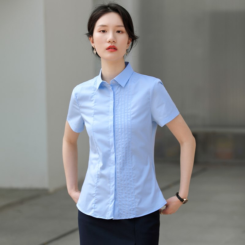 夏天薄款蓝色短袖衬衫女面试正装衬衣前台接待工装职业套装工作服