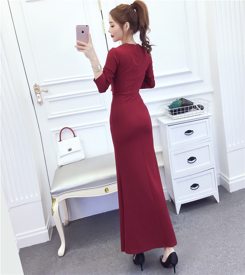 2021春季新款时尚气质翻领礼服单排扣修身包臀长款鱼尾裙连衣裙女