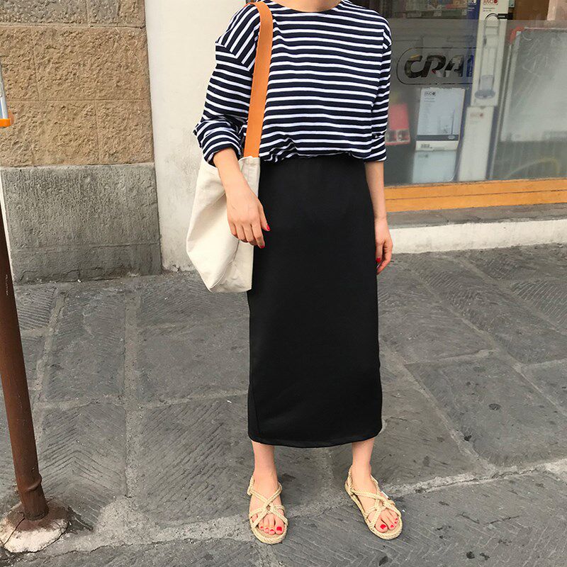 春夏罗马棉直筒铅笔修身高腰松紧中长款半身裙子长裙小黑裙子大码