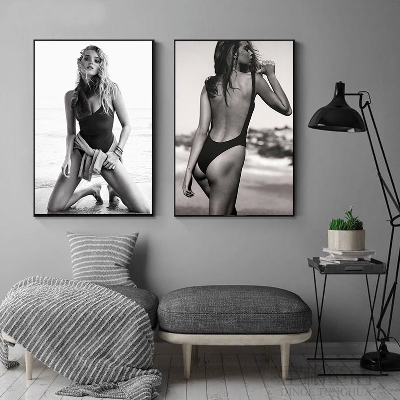 性感女性装饰画黑白人物内衣店比基尼玄关挂画酒店宾馆卫生间酒吧图片