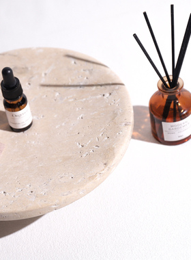 侘寂风黄洞石三脚托盘摆件香薰托盘样板间书房客厅软装艺术摆台