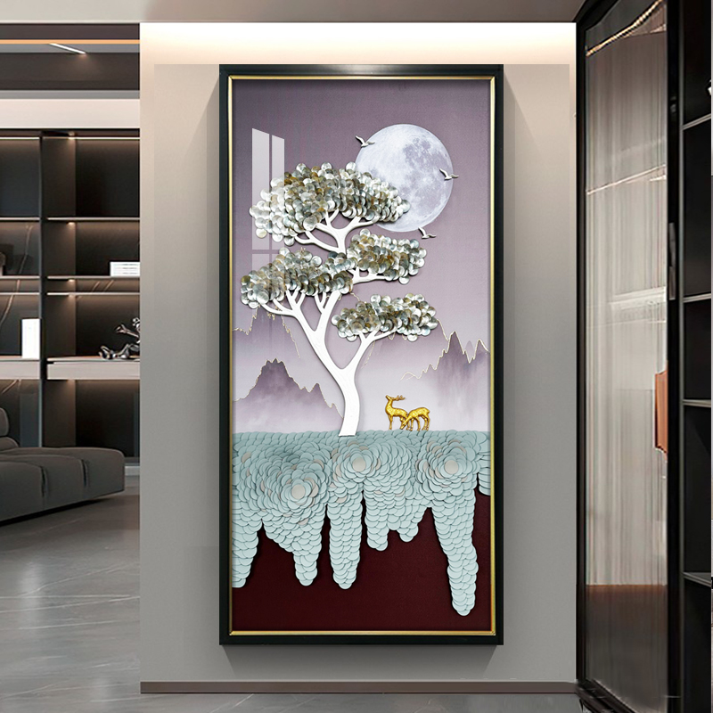 轻奢正进门入户玄关装饰画过道走廊竖版挂画发财树高端大气实物画