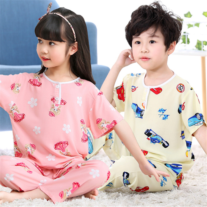 儿童短袖长裤睡衣绵绸套装夏季小孩宝宝大童男童女童长袖棉绸家居