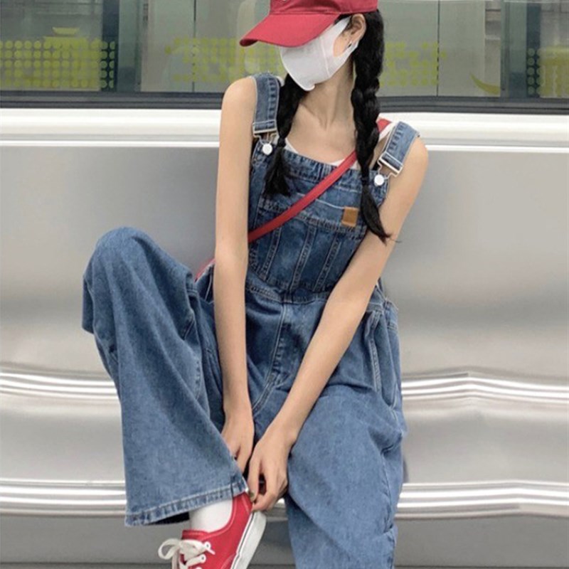 网红盐系小个子牛仔背带裤女夏季复古港味宽松显瘦直筒阔腿长裤子