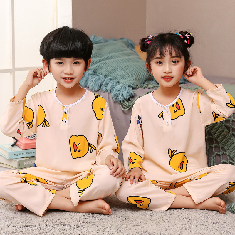 儿童绵绸睡衣夏季薄款男女童宝宝空调服春夏天小孩棉绸家居服套装