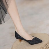 女3cm尖头百搭单鞋 女w低跟职业黑色高跟鞋 大码 猫跟鞋 女鞋 41一43春