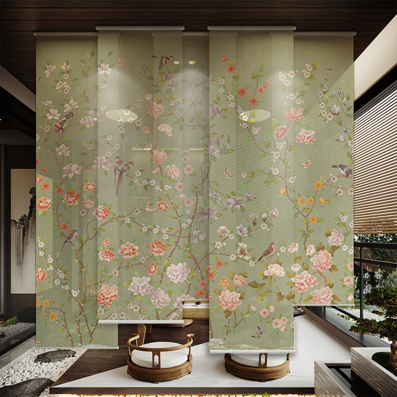 卷帘窗帘屏风隔断茶室酒店客厅卧室花鸟装饰东方美U学升降遮阳布