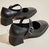 方头软底黑色工作鞋 职业女 中跟单鞋 女粗跟浅口4cm 一I字扣高跟鞋