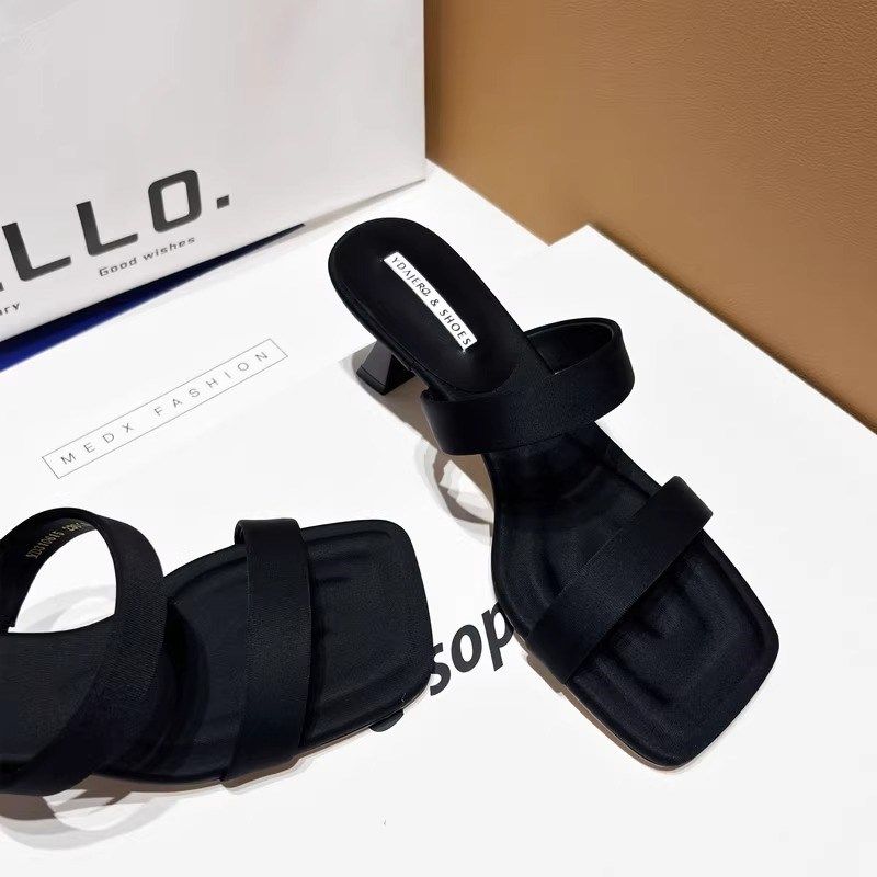 低跟凉鞋2025夏季新款时尚绸缎半拖露趾细跟高跟鞋简约方头一字拖