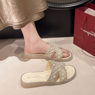 珍珠拖鞋女夏外穿时尚仙女风软底防滑孕妇网红超S火绝美凉拖鞋平