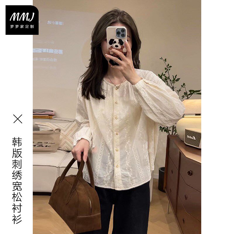 法式重工蕾丝刺绣圆领衬衫女x小众设计感宽松百搭灯笼袖娃娃衫衬