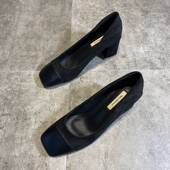 女粗跟2021年新款 春季 百搭法式 高跟鞋 方头黑色通勤职业工作上班鞋