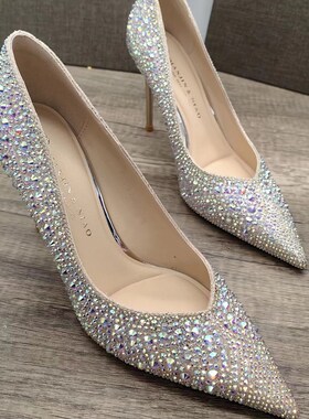 9公分细高跟鞋女神范鞋新款优雅细跟单鞋女气质尖U头浅口水钻鞋女