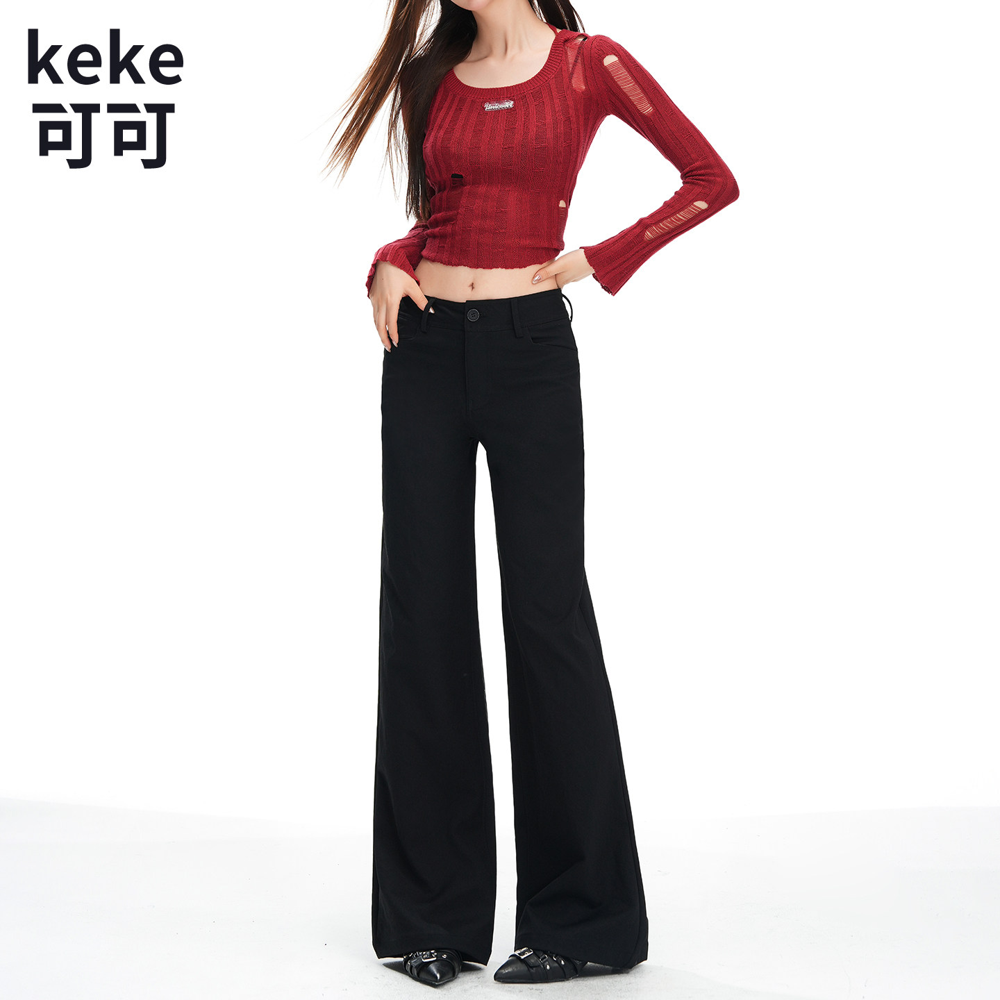 黑色低腰微喇拖地显瘦休闲裤