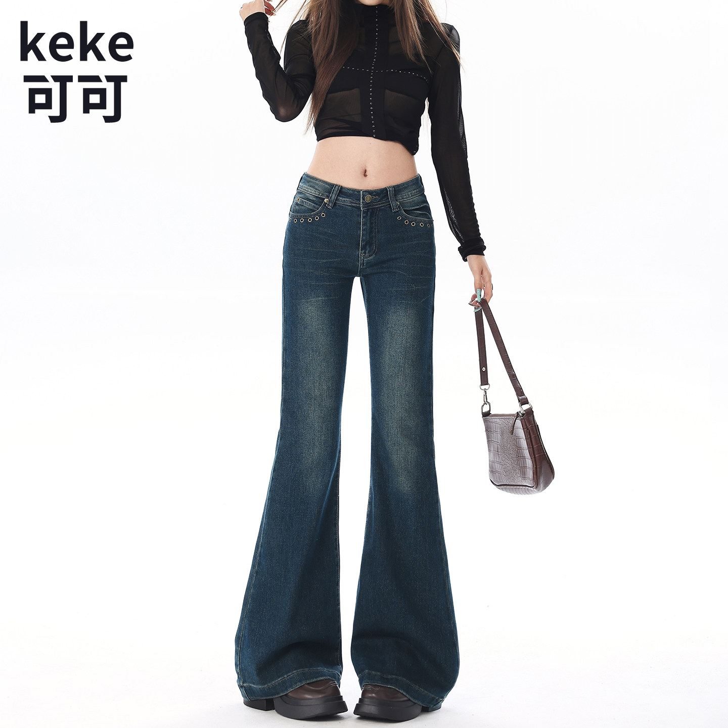 水泥灰低腰微喇牛仔裤女辣妹风