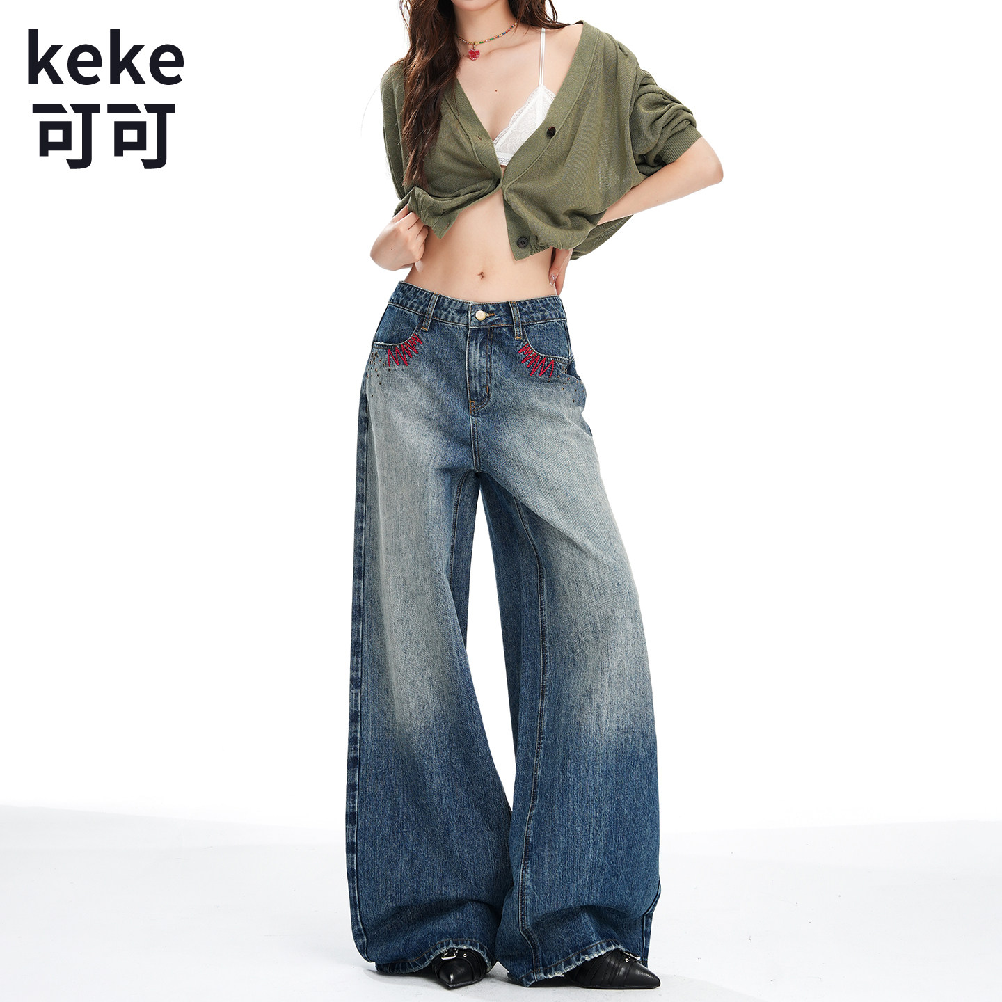 美式复古低腰阔腿刺绣牛仔裤女