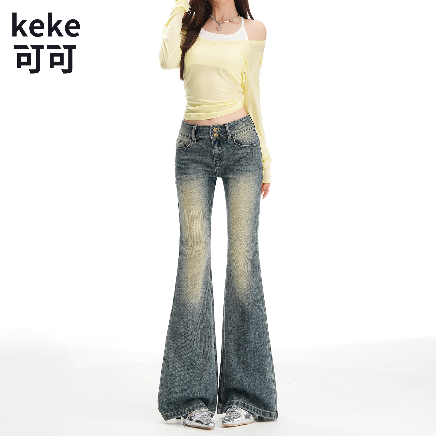 美式复古低腰微喇修身显瘦牛仔裤