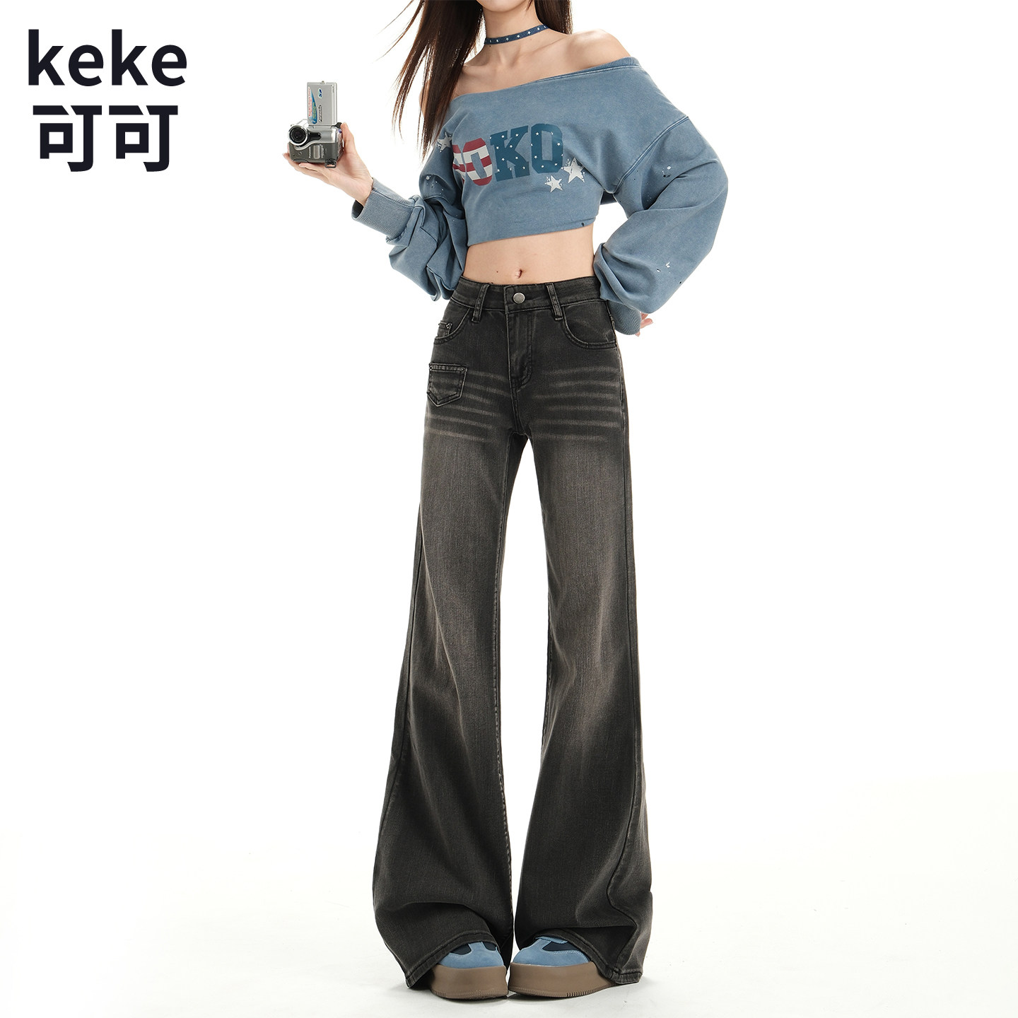 复古做旧低腰微喇牛仔裤女