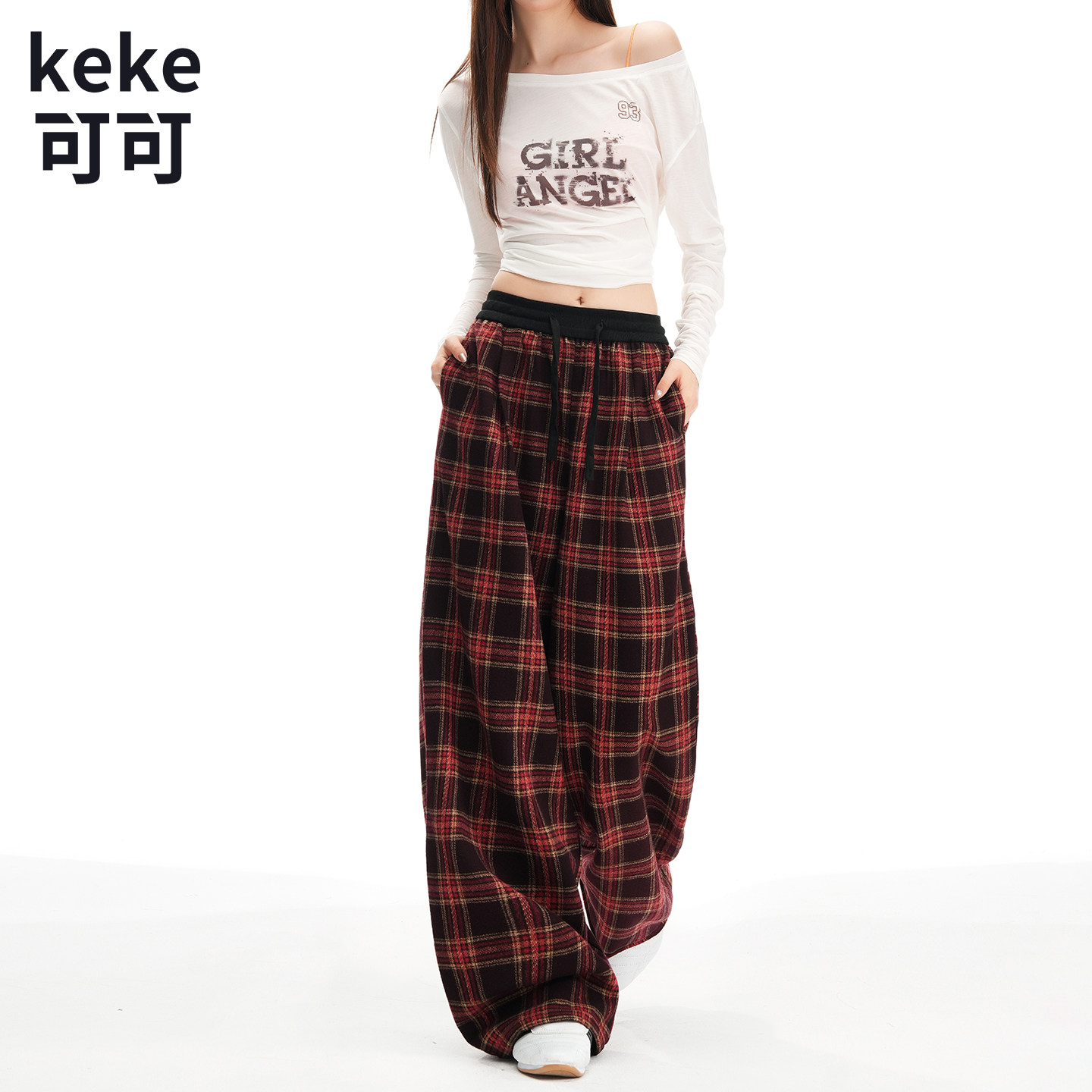 复古格子高腰宽松女阔腿休闲裤