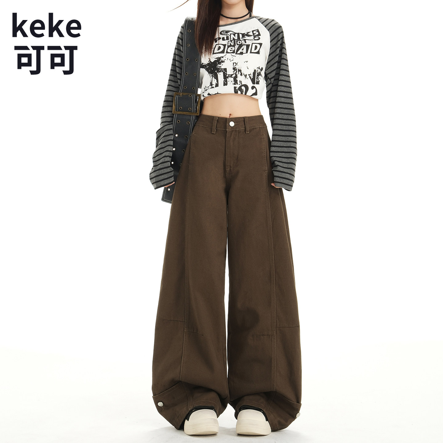 美式复古弯刀高腰阔腿牛仔裤女