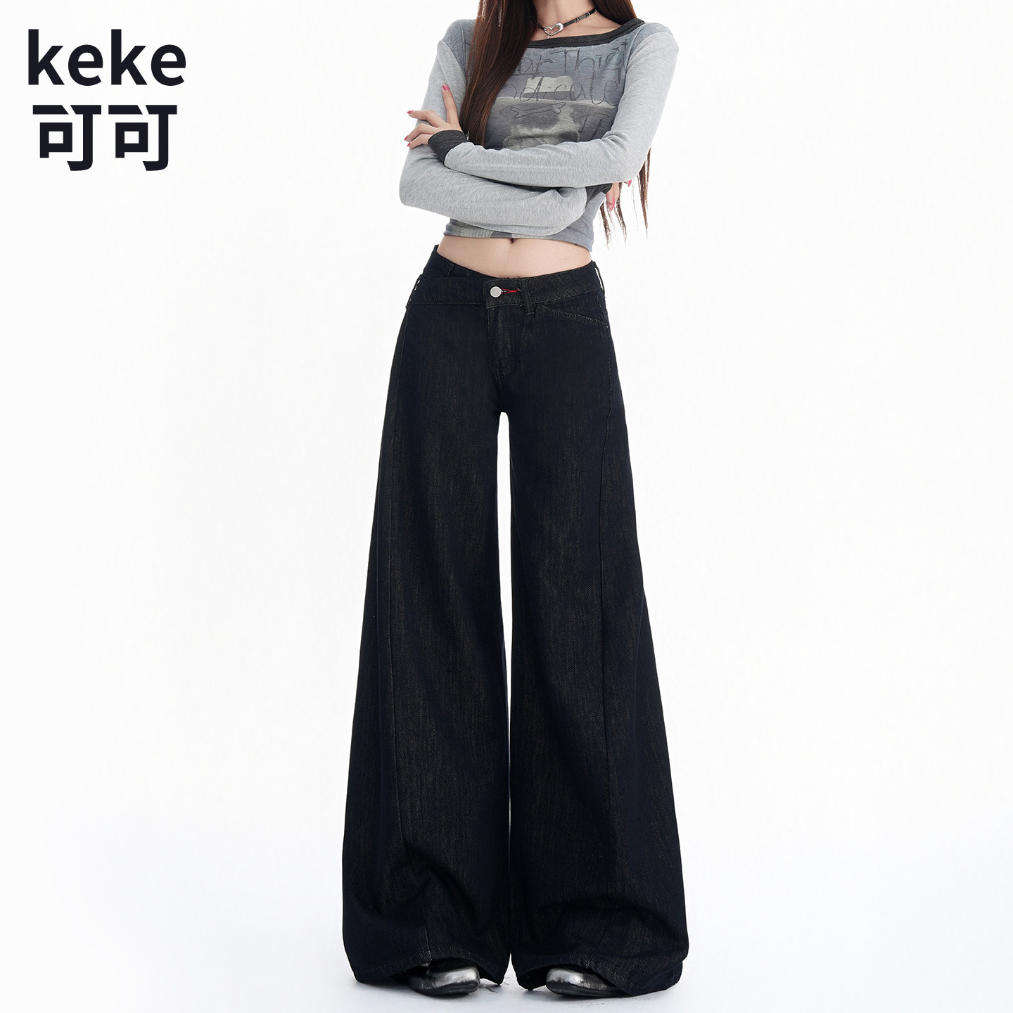 美式复古低腰宽松阔腿牛仔裤女款2026新款秋季斜腰头直筒休闲长裤