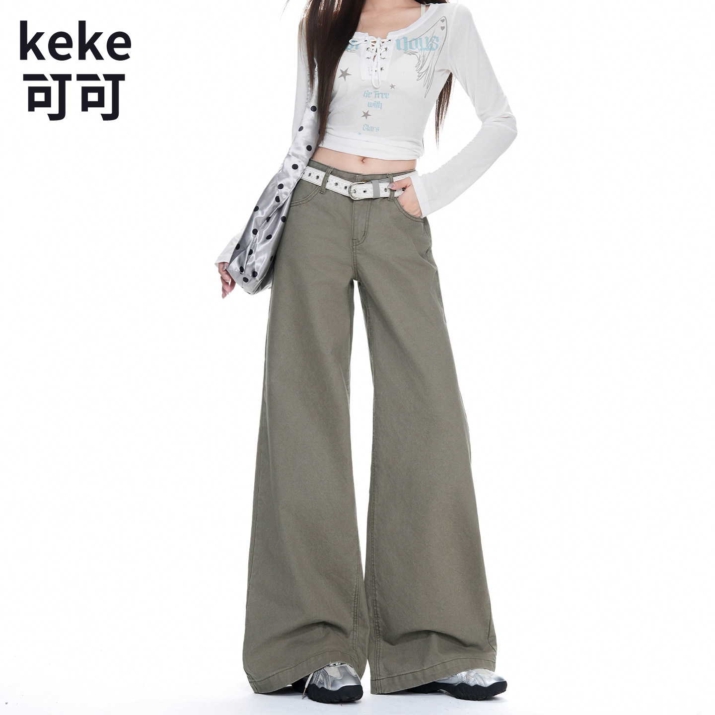 草绿色复古水洗低腰牛仔裤女2026年早秋新款垂感宽松休闲阔腿裤子