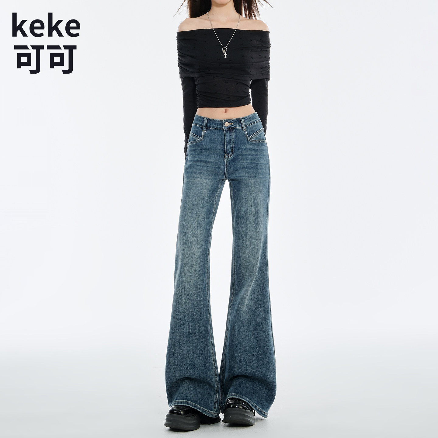 复古蓝高腰显瘦微喇牛仔裤女