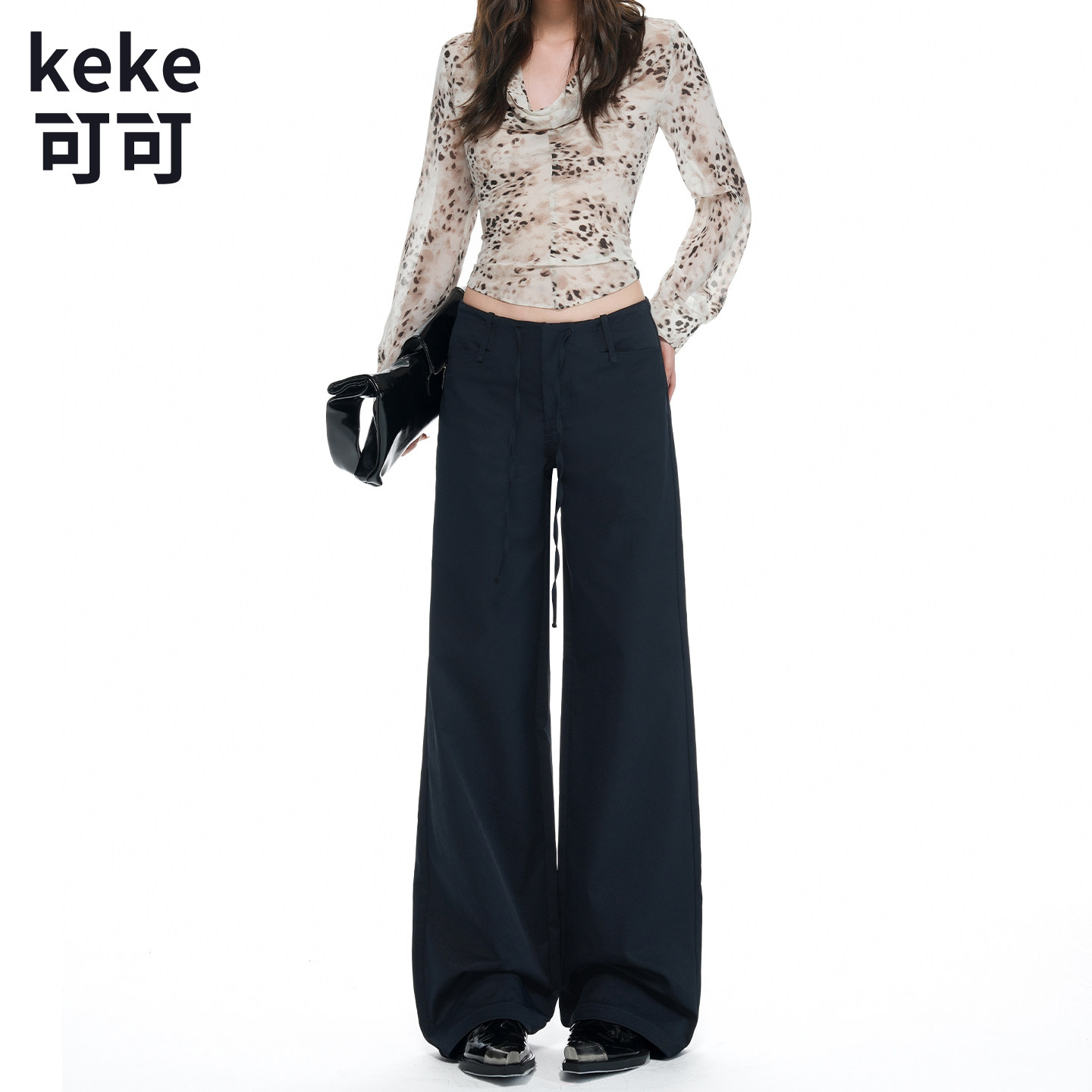 无腰头设计中低腰微宽松直筒休闲裤女美式复古抽绳网红裤子女款