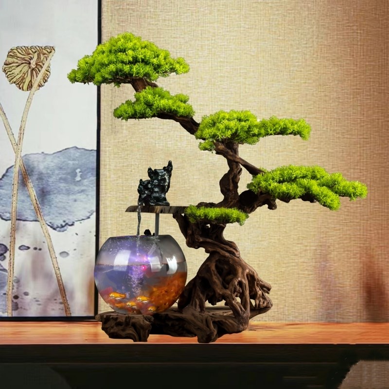 热销仿真根艺迎客松流水鱼缸摆件枯木客厅酒店玄关罗汉松招财根雕