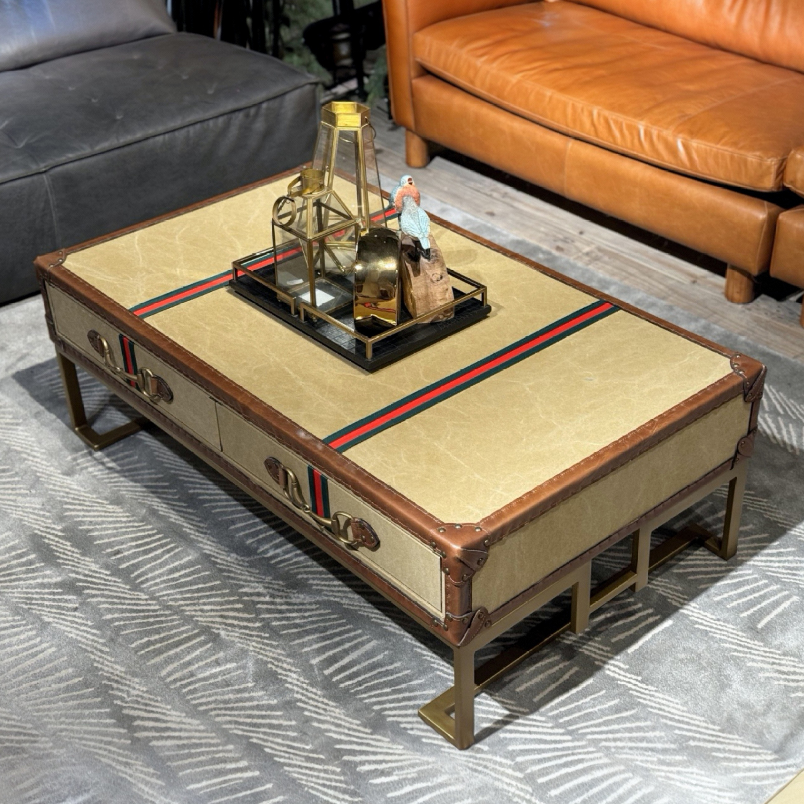 美式客厅茶几复古做旧皮箱茶几中古咖啡桌酒店英伦帆布铁艺金属