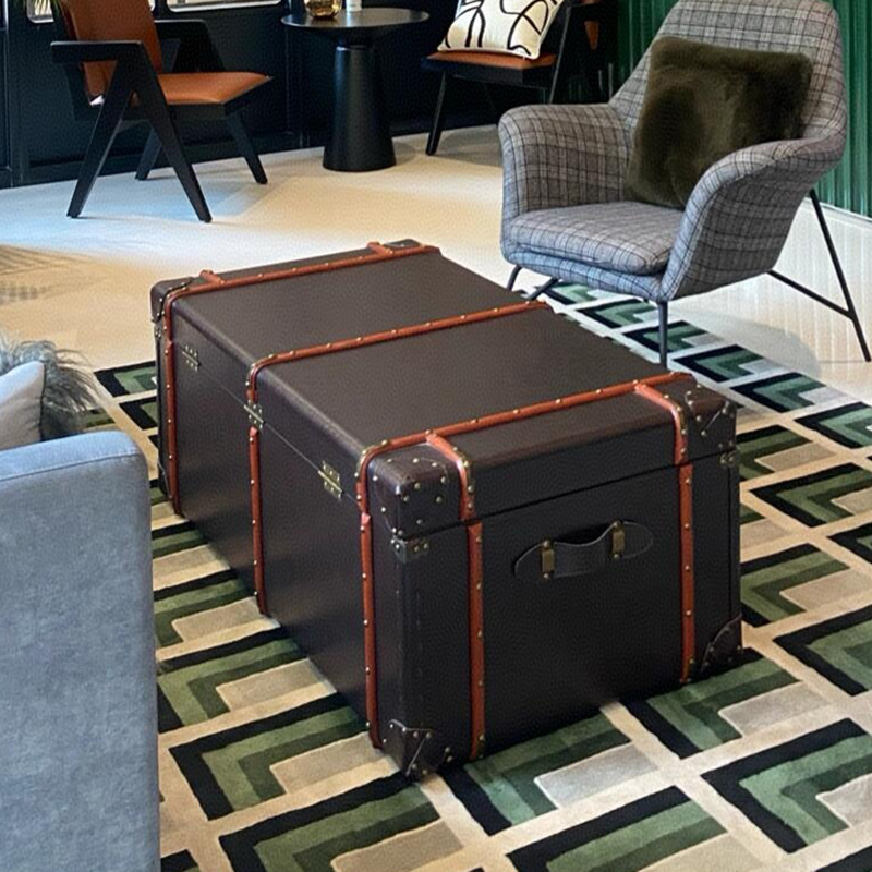 中古风复古油蜡皮茶几黑色皮箱茶几桌美式经典做旧别墅房皮箱柜子