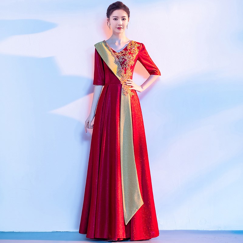 直销大合唱团演出服女长裙新款中老年指挥晚礼服学生红歌朗诵比赛