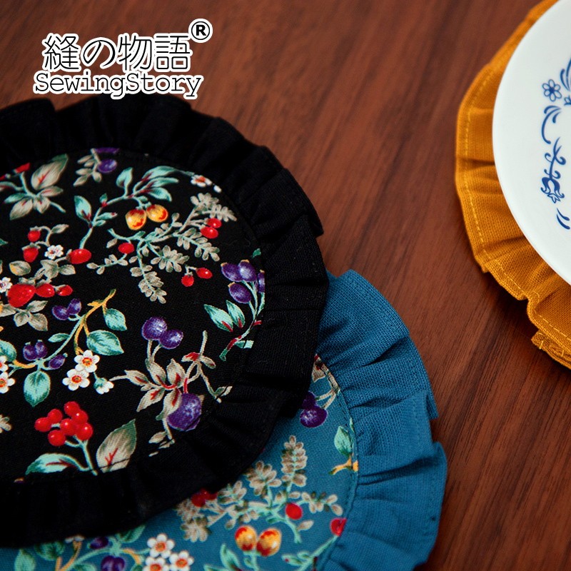 热销缝物语美式乡村复古田园夹棉隔热布艺荷叶边餐垫锅垫杯垫草莓